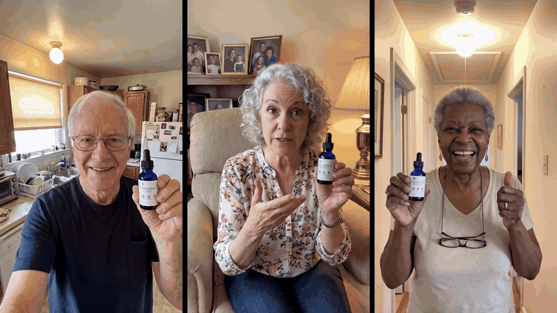 Tres pessoas idosas segurando o frasco de MemoFlow em casa